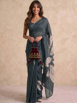 SATRANI - Dusty Rama Blue Printed Linen Cotton Ready To Wear Saree