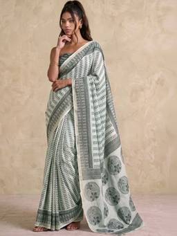 SATRANI - Beige Printed Zari Border Silk Pre-Draped Saree