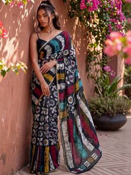 SATRANI - Black Printed Zari Border Linen Cotton Pre-Draped Saree