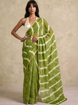 SATRANI - Mehndi Green Printed Zari Border Linen Pre-Draped Saree