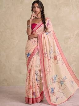 SATRANI - Peach Printed Embroidery Linen Pre-Draped Saree