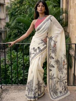 SATRANI - Light Peach Printed Zari Border Linen Pre-Draped Saree