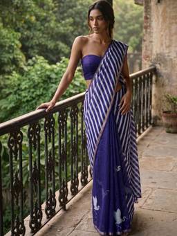 SATRANI - Purple Printed Zari Border Linen Cotton Pre-Draped Saree