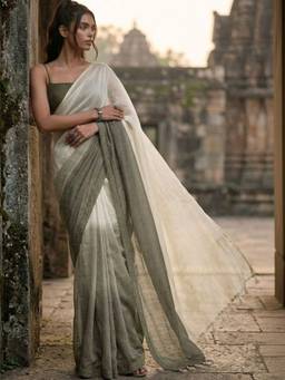 SATRANI - Khaki Ombre Linen Pre-Draped Saree