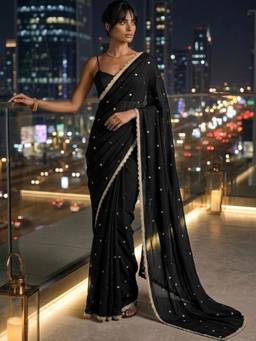 SATRANI - Black Sequins Embroidery Silk Pre-Draped Saree