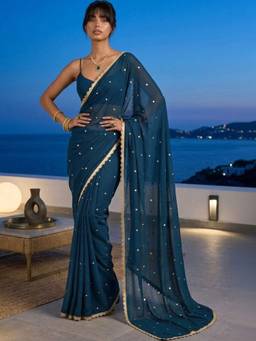 SATRANI - Rama Blue Sequins Embroidery Lace Silk Pre-Draped Saree