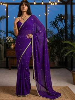 SATRANI - Purple Embroidery Silk Pre-Draped Saree
