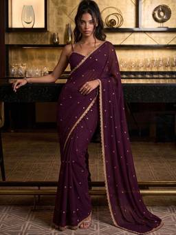SATRANI - Wine Sequins Embroidery Silk Pre-Draped Saree