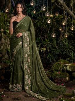 SATRANI - Mehndi Green Sequins Embroidery Georgette Pre-Draped Saree