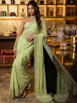 SATRANI - Pista Green Sequins Embroidery Georgette Pre-Draped Saree