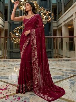 SATRANI - Red Sequins Embroidery Georgette Pre-Draped Saree