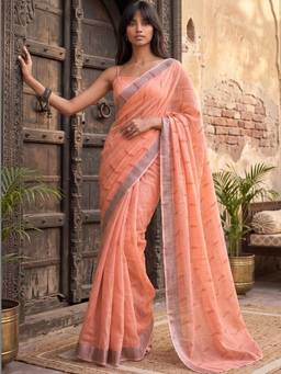 SATRANI - Peach Printed Cotton Ready To Wear Saree