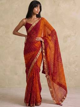 SATRANI - Orange Lace Tassel Bandhani Printed Chiffon Saree