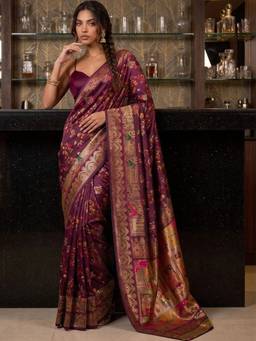 SATRANI - Wine Kashmiri Minakari Weaving Silk Saree