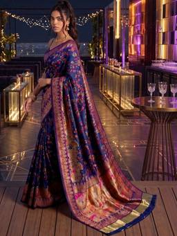 SATRANI - Navy Blue Kashmiri Minakari Weaving Silk Saree