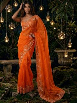 SATRANI - Orange Sequin Embroidery Work Scalloped Border Organza Saree