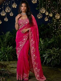 SATRANI - Pink Sequin Embroidery Work Scalloped Border Organza Saree