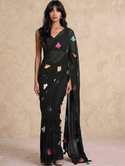 SATRANI - Black Embroidery Tassels Georgette Saree