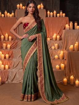 SATRANI - Dusty Green Sequins Embroidery Lace Vichitra Silk Saree