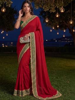 SATRANI - Red Sequins Embroidery Lace Vichitra Silk Saree
