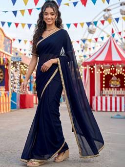 SATRANI - Navy Blue Sequins Embroidery Lace Georgette Saree