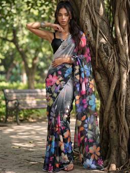 SATRANI - Black Floral Printed Lace Georgette Saree