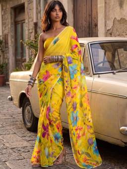 SATRANI - Light Yellow Floral Printed Lace Georgette Saree