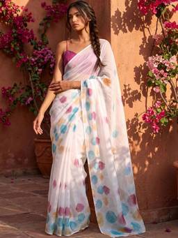 SATRANI - White Printed Linen Saree