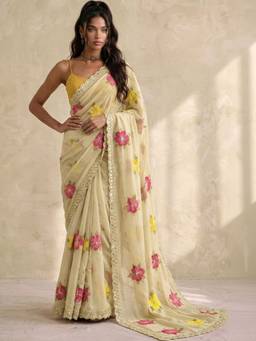 SATRANI - Cream Embroidery Scalloped Border Georgette Saree