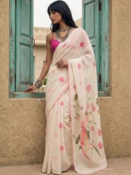 SATRANI - Off White Printed Linen Saree