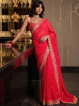 SATRANI - Red Sequins Embroidery Sequins Embroidery Georgette Saree