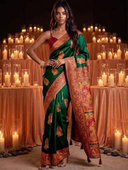 SATRANI - Dark Green Weaving Tassels Silk Saree