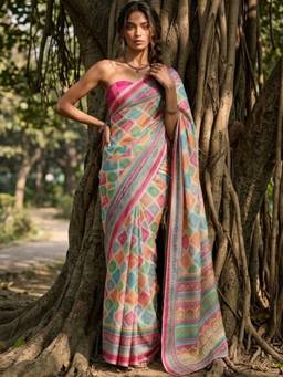 SATRANI - Multi Printed Zari Border Linen Cotton Saree
