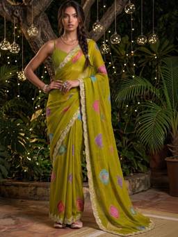 SATRANI - Lime Green Bandhani Printed Chiffon Saree