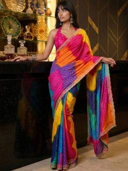 SATRANI - Multicolor Bandhani Printed Chiffon Saree
