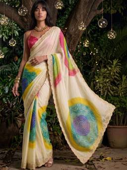 SATRANI - Off-White Bandhani Printed Chiffon Saree