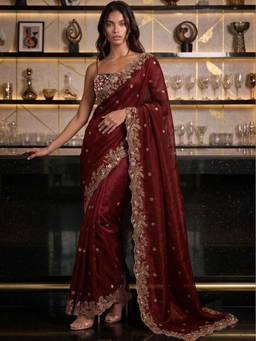 SATRANI - Maroon Sequins Embroidery Scalloped Border Tissue Satin Saree