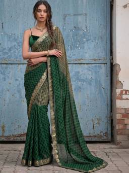 SATRANI - Dark Green Printed Lace Georgette Saree