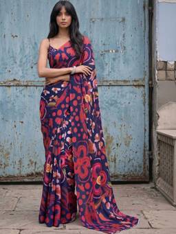 SATRANI - Navy Blue Printed Satin Saree