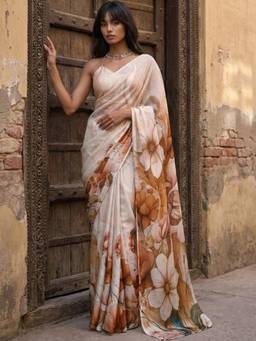 SATRANI - Off-White Floral Printed Satin Saree