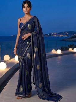 SATRANI - Navy Blue Foil Printed Lace Georgette Saree