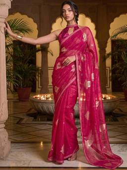SATRANI - Rani Pink Foil Printed Lace Georgette Saree
