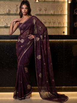 SATRANI - Wine Foil Printed Lace Georgette Saree