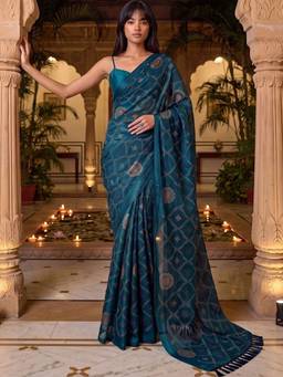SATRANI - Peacock Blue Foil Printed Tassels Chiffon Saree