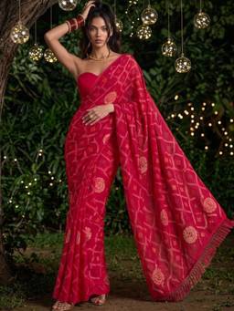 SATRANI - Red Foil Printed Tassels Chiffon Saree