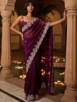 SATRANI - Wine Embroidery Tissue Silk Saree