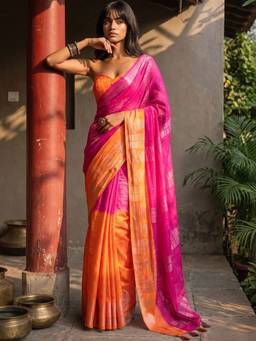 SATRANI - Dark Pink Weaving Tassels Chinnon Chiffon Saree