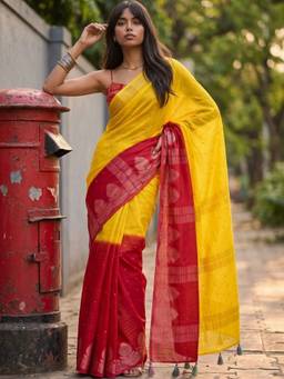 SATRANI - Yellow Weaving Tassels Chinnon Chiffon Saree