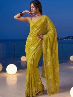 SATRANI - Lime Green Embroidery Scalloped Border Shimmer Chiffon Saree