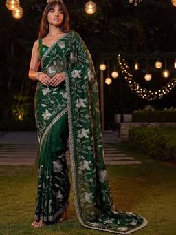 SATRANI - Dark Green Embroidery Scalloped Border Shimmer Chiffon Saree
